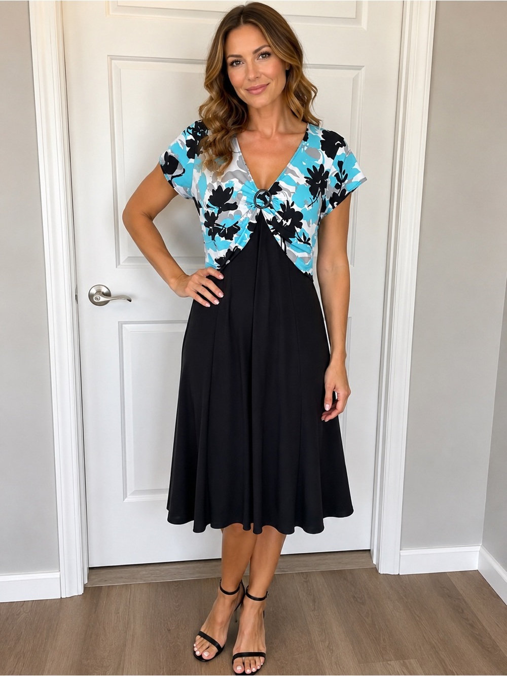 Karin Steven’s Aqua Floral & Black Asymmetrical V-Neck Dress